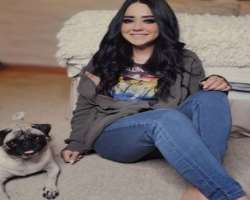 Miku is accompanied by a cute pug in her home.